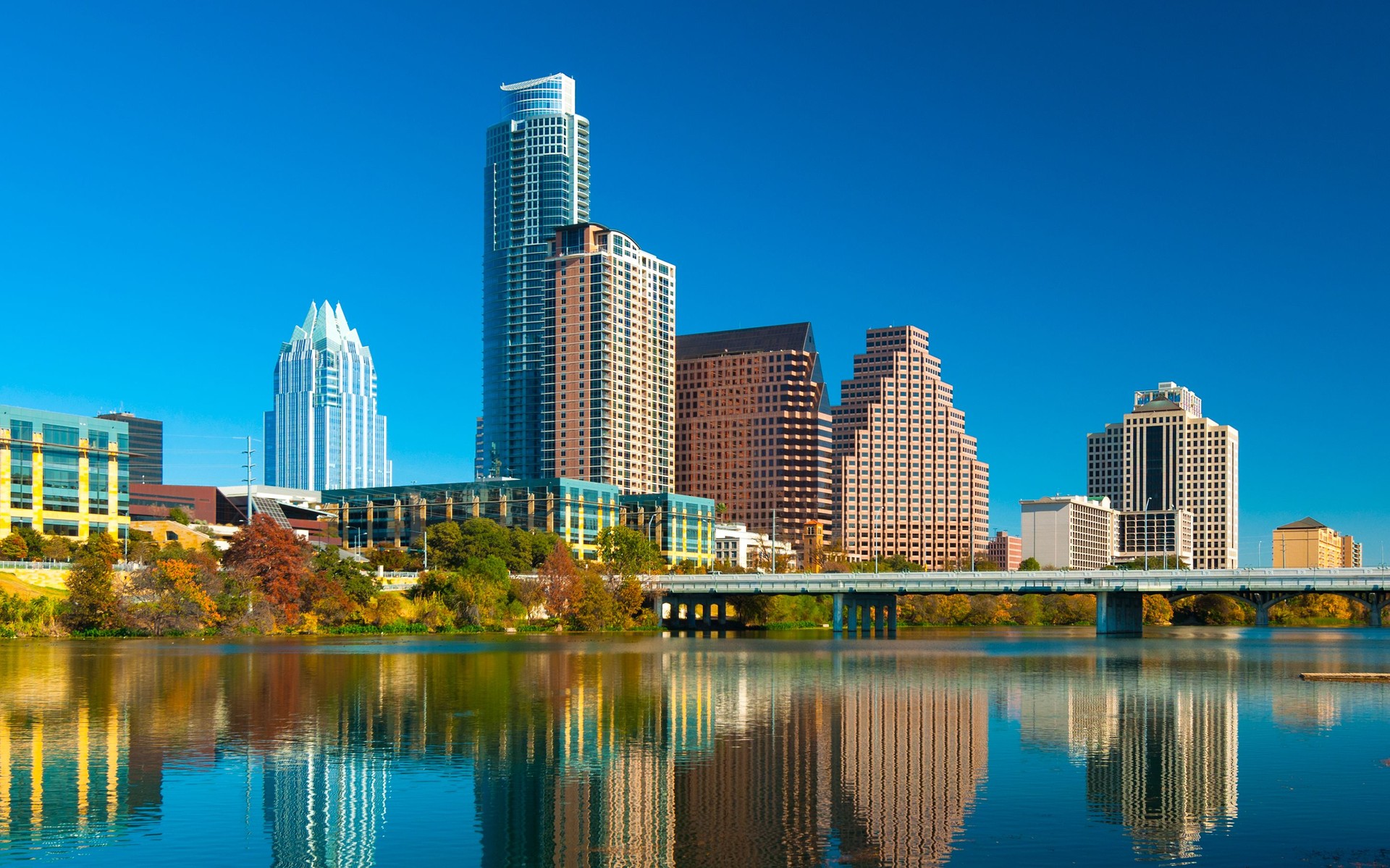 Austin skyline with reflection on lake during Autumn